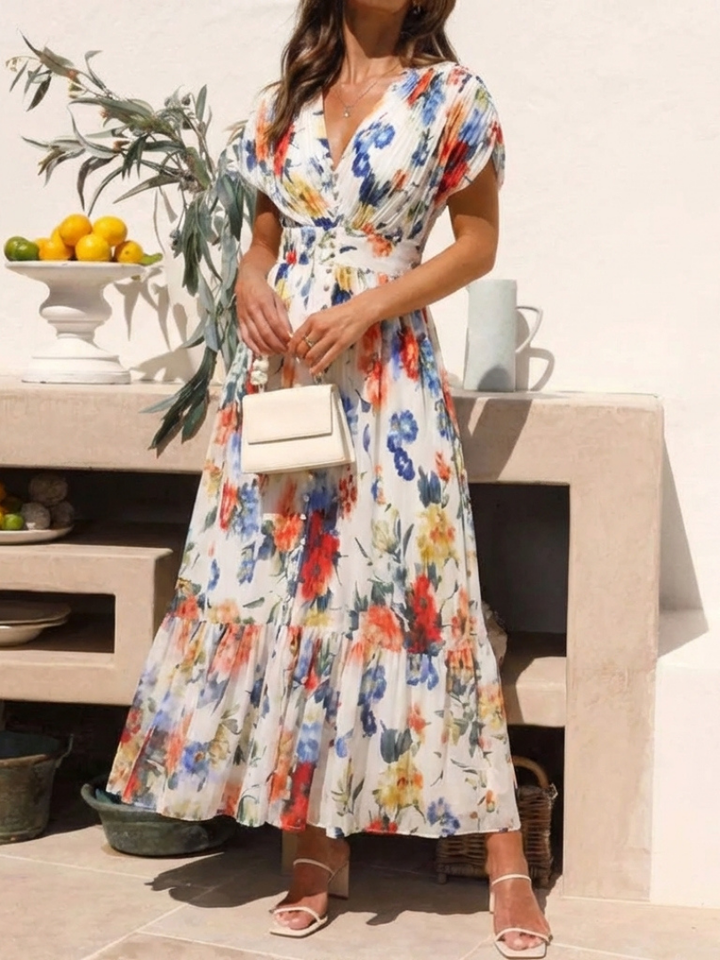 Savannah | Short Sleeve Pleated Floral Midi Dress - Maison Léa &amp; Lou