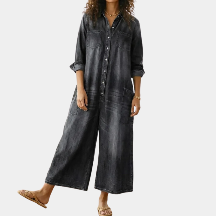 Diana | Vintage Washed Soft Cotton Denim Jumpsuit with Button Closure - Maison Léa &amp; Lou