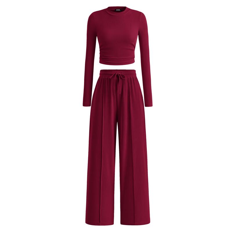 MIRELA™ - Ribbed Knit Long Sleeve Crop Top and Matching Pants Set