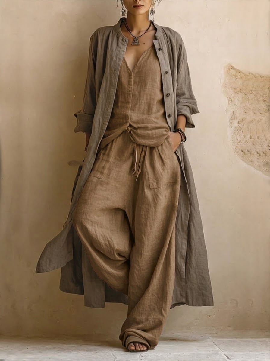 Letizia | Completo tre pezzi in lino e cotone con cardigan lungo boho