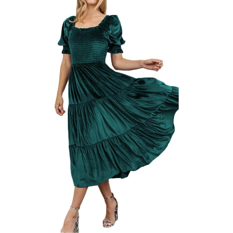 AUDREY™ - Square Neck Puff Sleeve A-Line Midi Dress for All Occasions - Maison Léa &amp; Lou