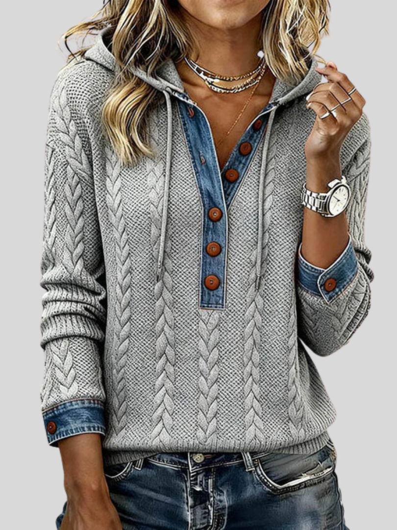 Sophie™ | Knit Hoodie with Denim Contrast - Maison Léa & Lou