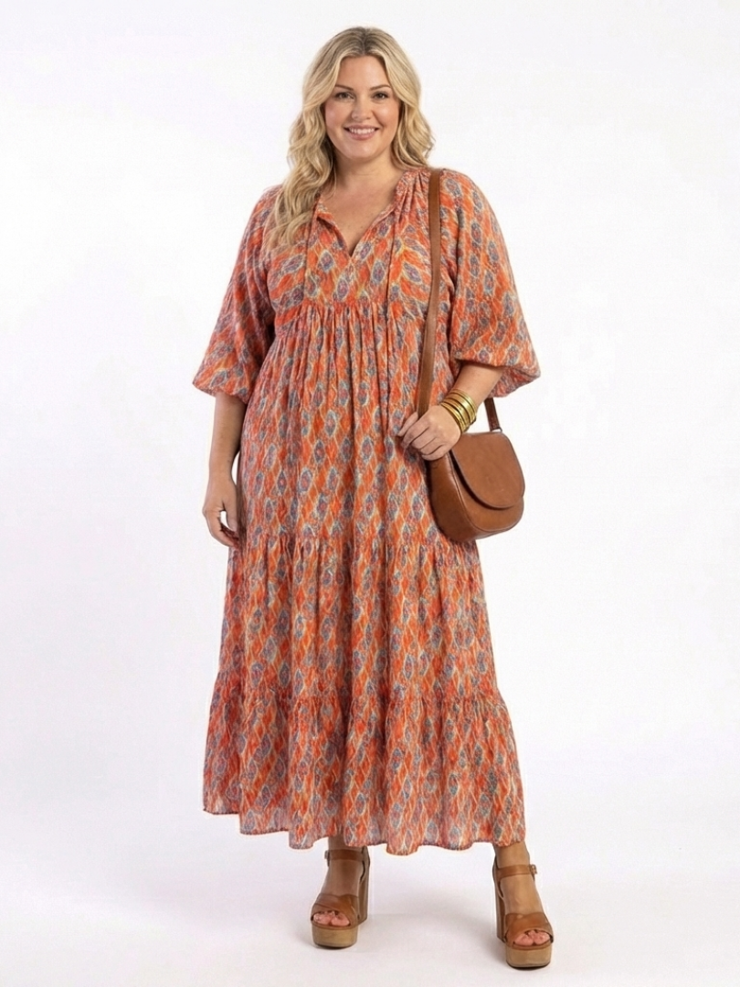 AMARA | GEOMETRIC PRINT V NECK TIERED MIDI DRESS - Maison Léa &amp; Lou