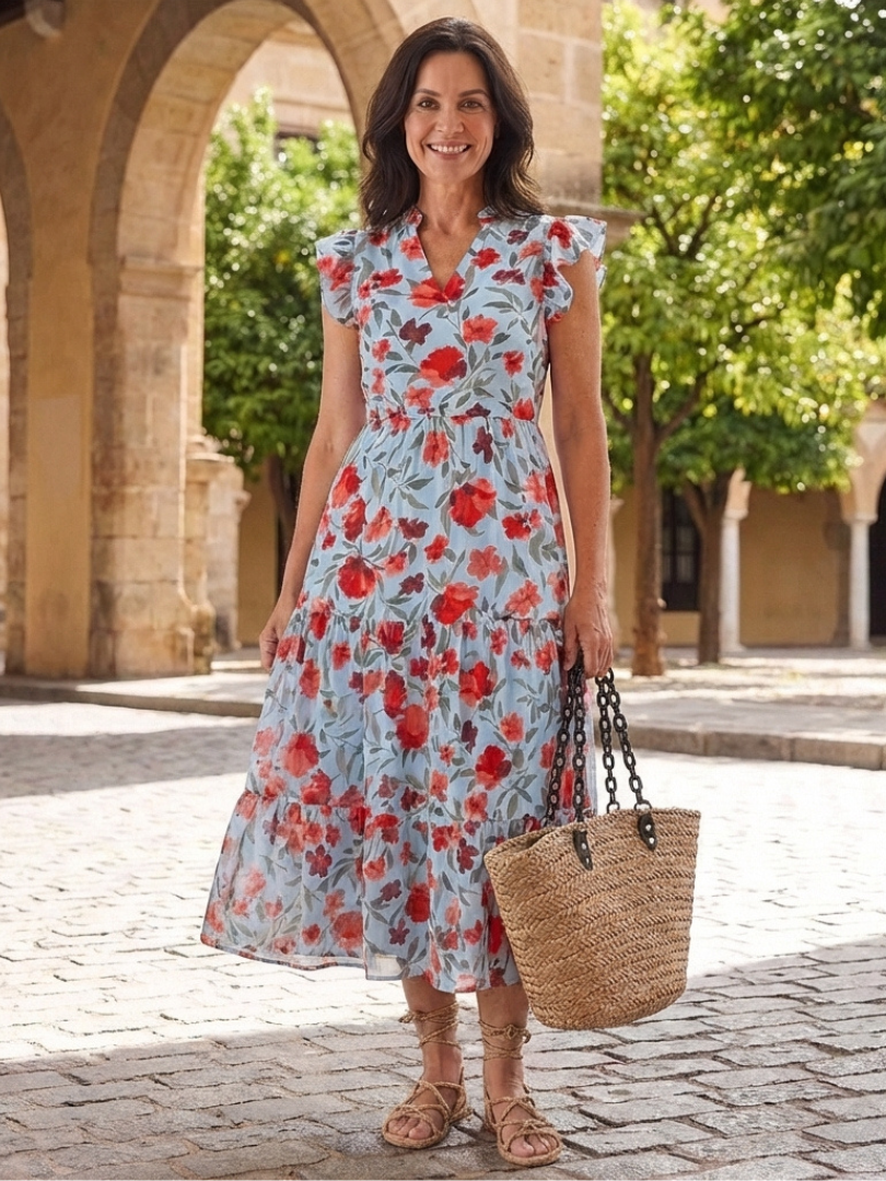 Lila | Floral V-Neck Tiered Midi Dress - Maison Léa &amp; Lou