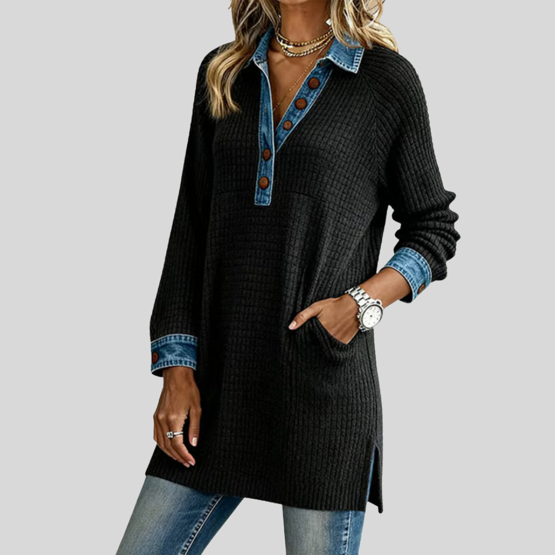 Liora | Ribbed Denim-Trim Longline Top - Maison Léa & Lou