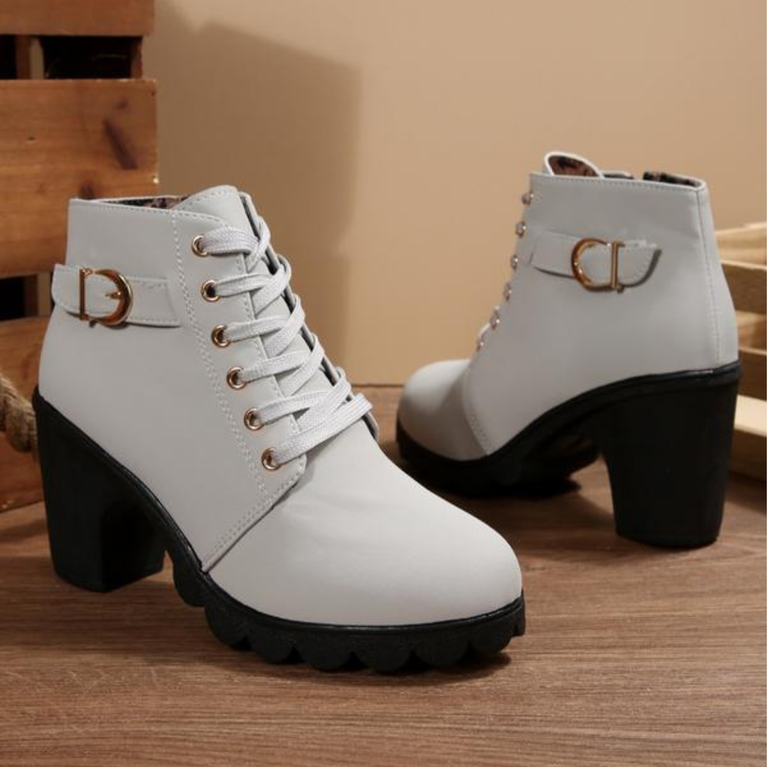 KATNI™ - Chic Lace-Up Metal Buckle Chunky Ankle Boots - Maison Léa &amp; Lou
