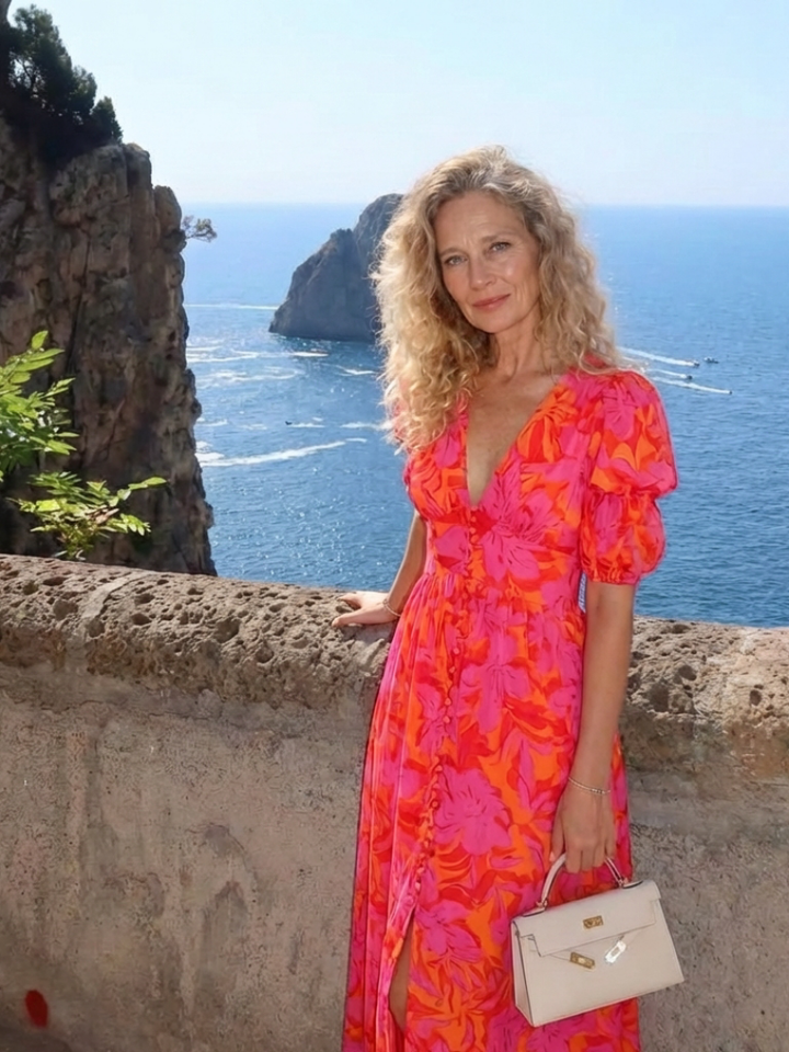 Willow | Floral V Neck Puff Sleeve Midi Dress - Maison Léa &amp; Lou