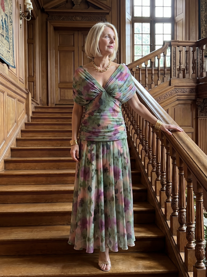 Adriana | Abito midi off-shoulder in chiffon floreale dal fascino romantico