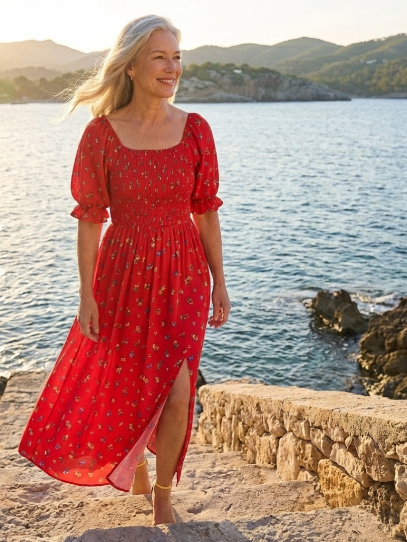 Delphine | Square Neck Floral Puff Sleeve Midi Dress - Maison Léa &amp; Lou