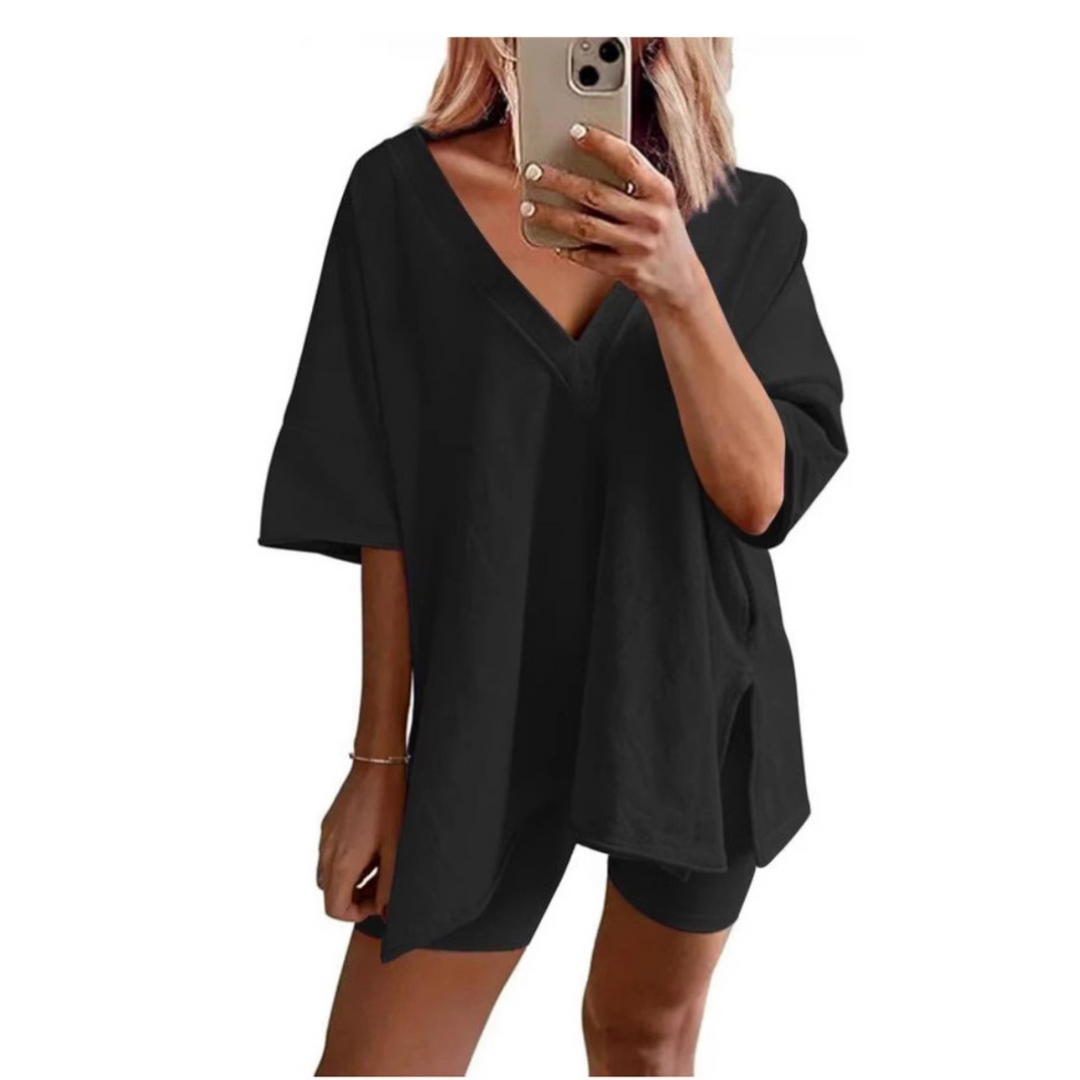 RAMLYN™ – Casual Oversized V-Neck and Short Set - Maison Léa &amp; Lou