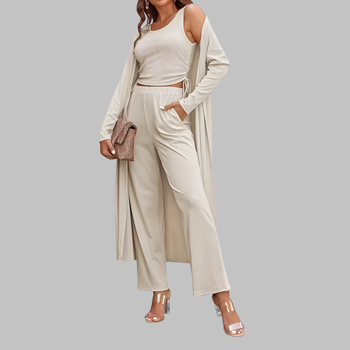 SANORA™ - Casual Lightweight Three Piece Long Cardigan Drawstring Top and Pants Sleepwear - Maison Léa &amp; Lou