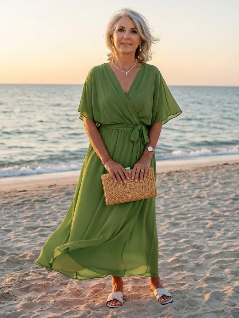 Elysia | V Neck Draped Waist Tie Midi Dress - Maison Léa &amp; Lou