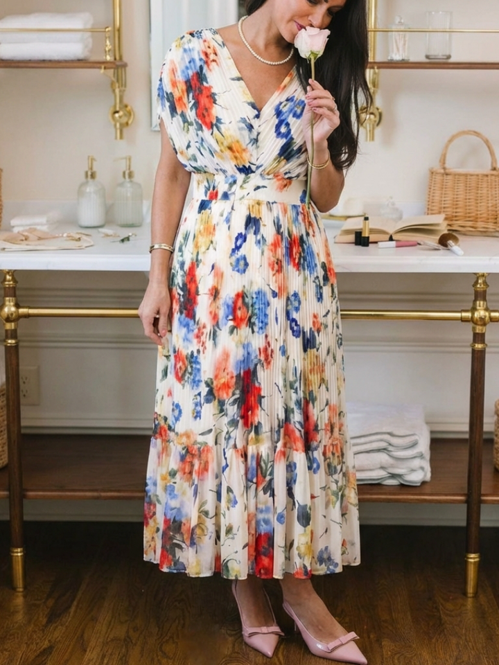 Savannah | Short Sleeve Pleated Floral Midi Dress - Maison Léa &amp; Lou