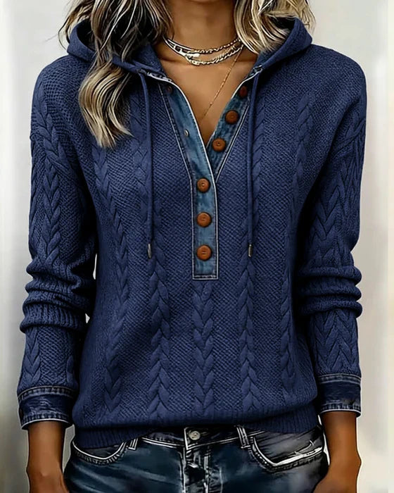 Sophie™ | Knit Hoodie with Denim Contrast - Maison Léa &amp; Lou