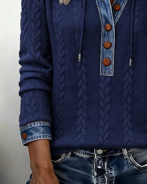 Sophie™ | Knit Hoodie with Denim Contrast - Maison Léa &amp; Lou