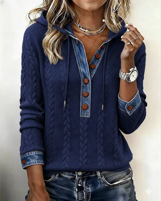 Sophie™ | Knit Hoodie with Denim Contrast - Maison Léa &amp; Lou