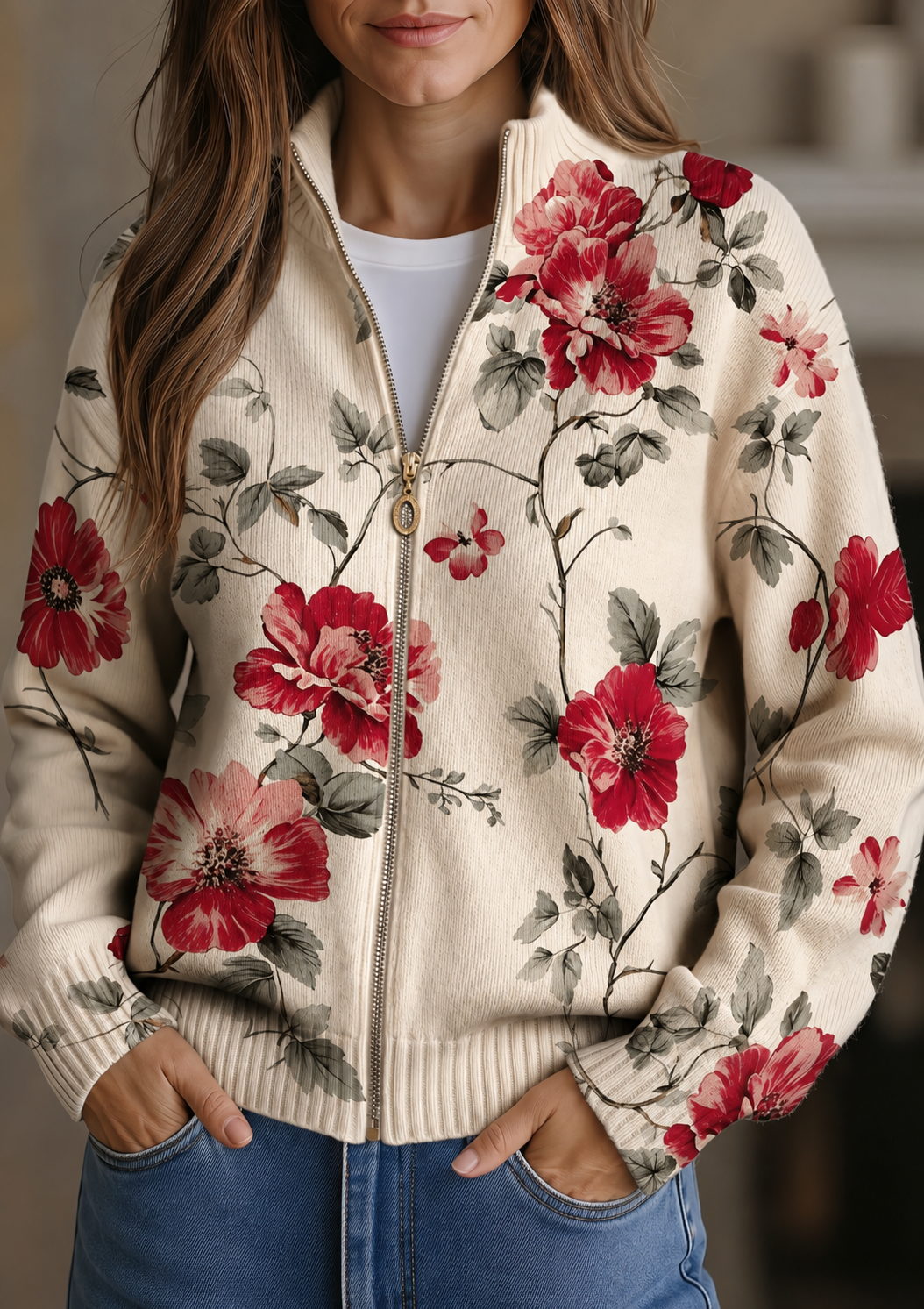 Wilhelmine™ | Vintage Rose Print Zip Cardigan - Maison Léa &amp; Lou