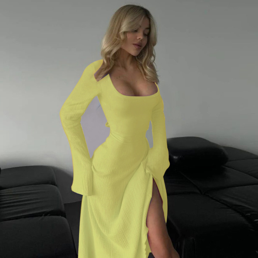 CILICIA™ - Classy Plain Flounce Long Sleeve Square Neck A-Line Maxi Dress - Maison Léa &amp; Lou