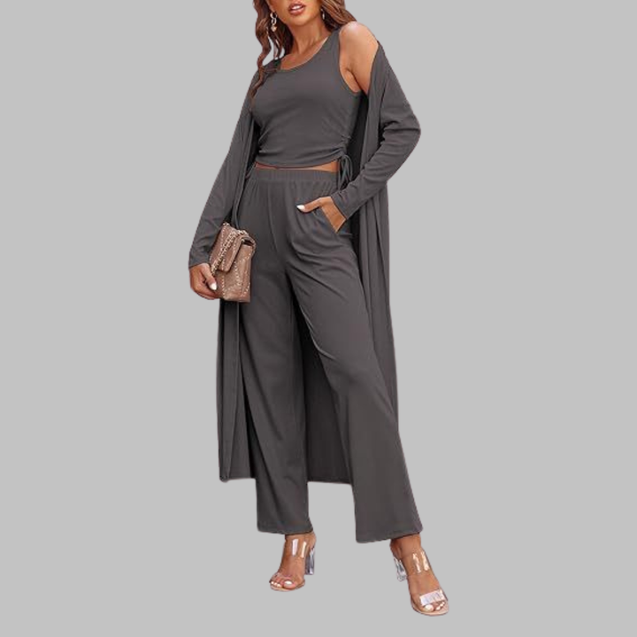 SANORA™ - Casual Lightweight Three Piece Long Cardigan Drawstring Top and Pants Sleepwear - Maison Léa &amp; Lou