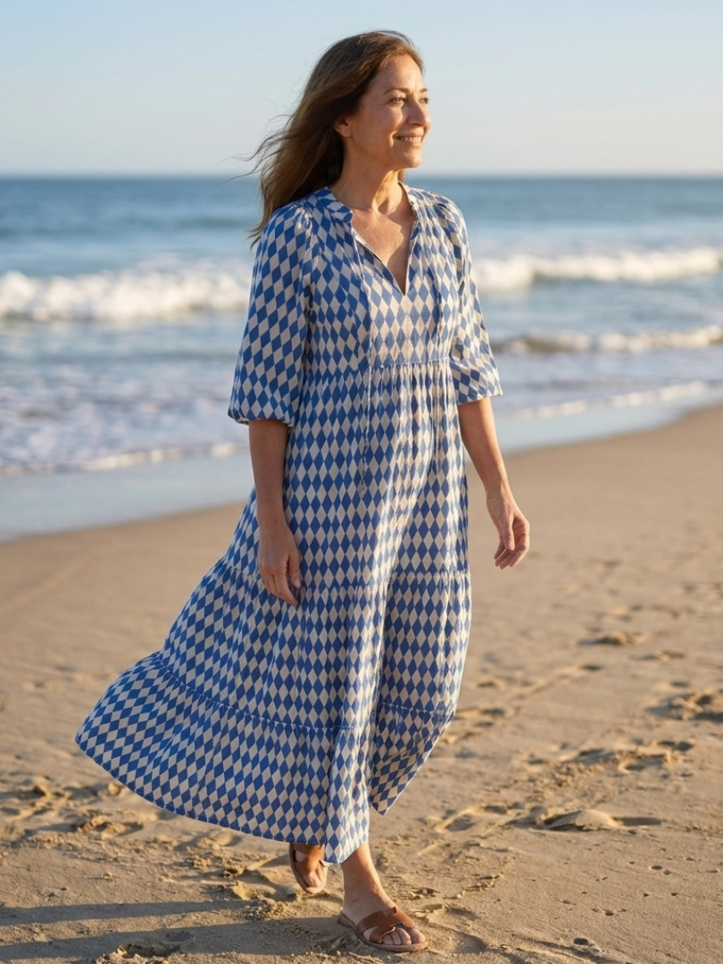 Elodie | Diamond Print Tiered Midi Dress - Maison Léa &amp; Lou
