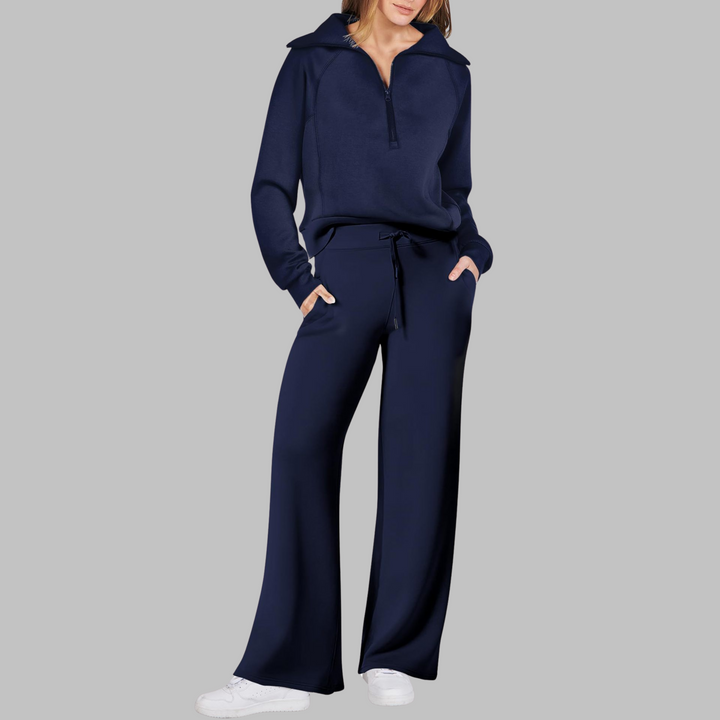 UDAY™ - Comfy Half Zip Sweatshirt and Wide Leg Pants Set - Maison Léa &amp; Lou