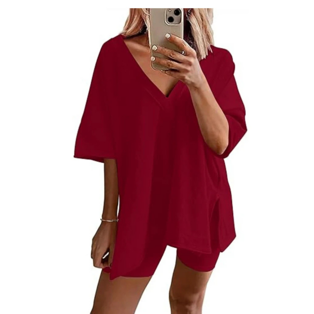 RAMLYN™ – Casual Oversized V-Neck and Short Set - Maison Léa &amp; Lou
