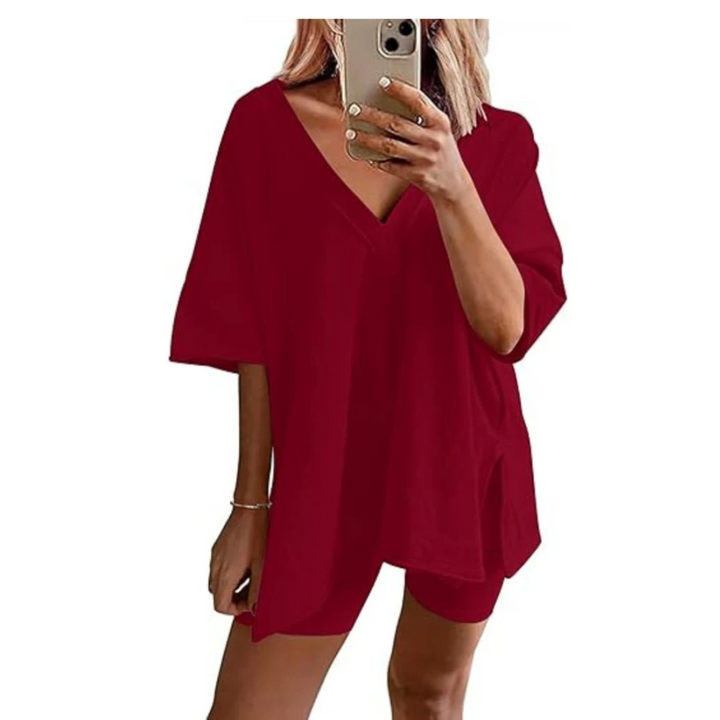RAMLYN™ – Casual Oversized V-Neck and Short Set - Maison Léa &amp; Lou