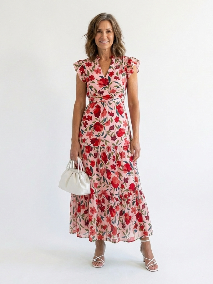 Lila | Floral V-Neck Tiered Midi Dress - Maison Léa &amp; Lou