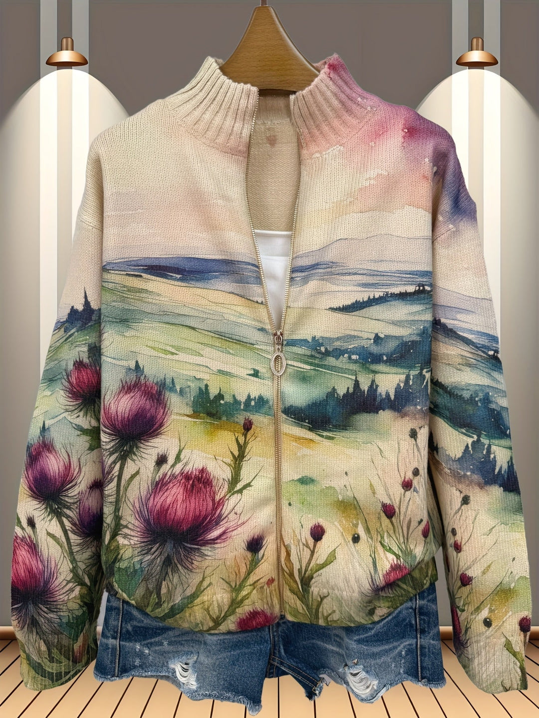 Zelda™ | Scottish Thistle Landscape Zip Cardigan - Maison Léa &amp; Lou