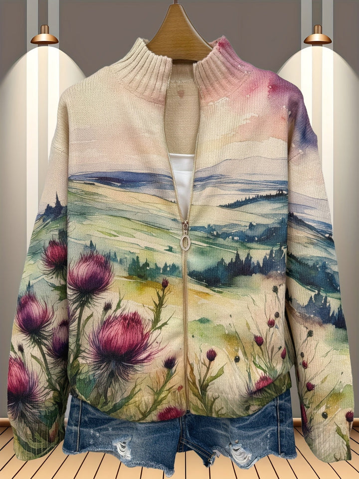 Zelda™ | Scottish Thistle Landscape Zip Cardigan - Maison Léa &amp; Lou
