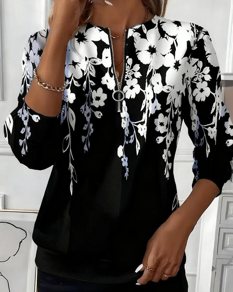 Daphne | Floral Zip-Neck Top - Maison Léa &amp; Lou