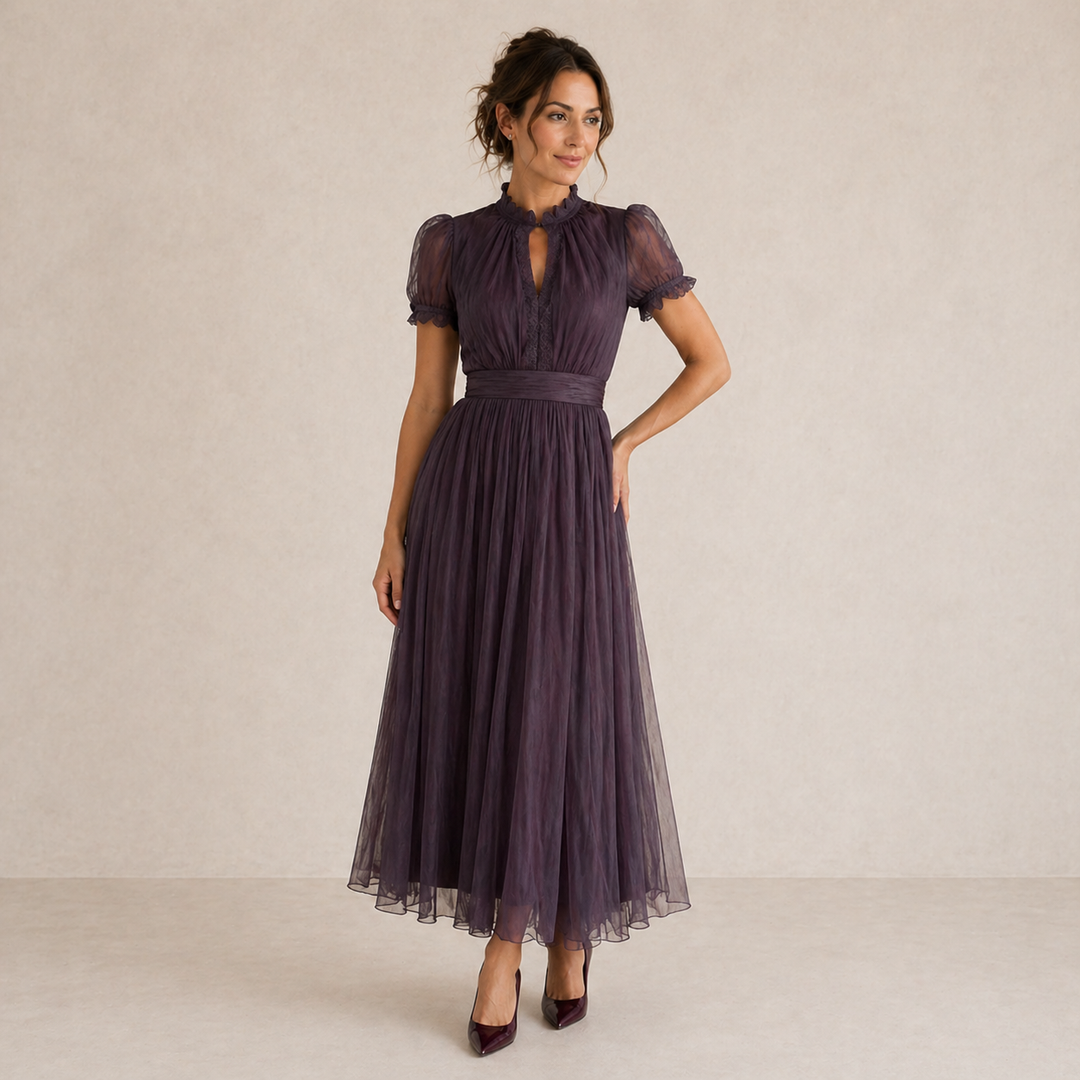 LIORA™ | Pleated Puff-Sleeve Midi Dress - Maison Léa & Lou