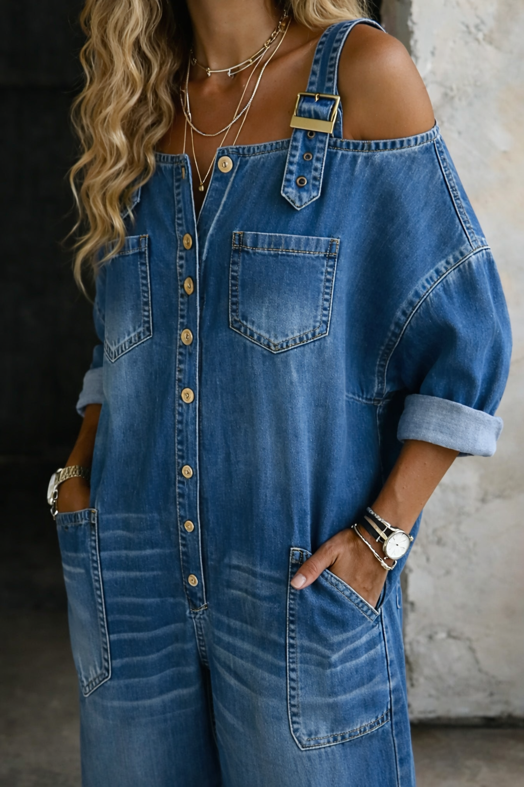 Sophia | Off Shoulder Denim Jumpsuit - Maison Léa &amp; Lou