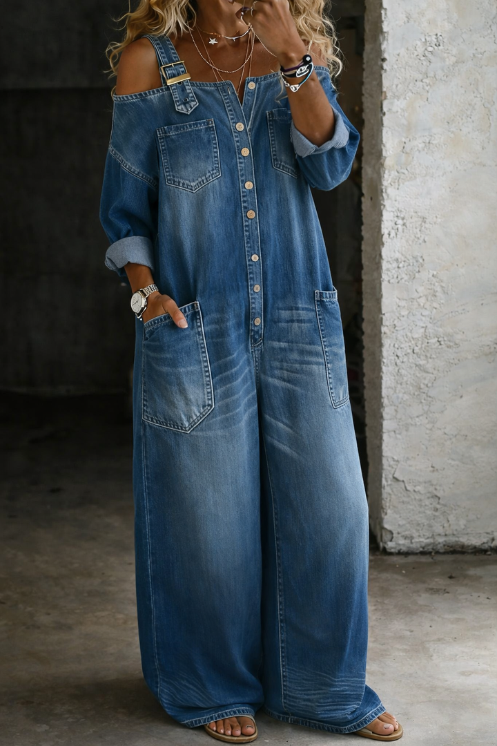 Milena | Abito maxi in denim con spalle scoperte dal fascino urban chic