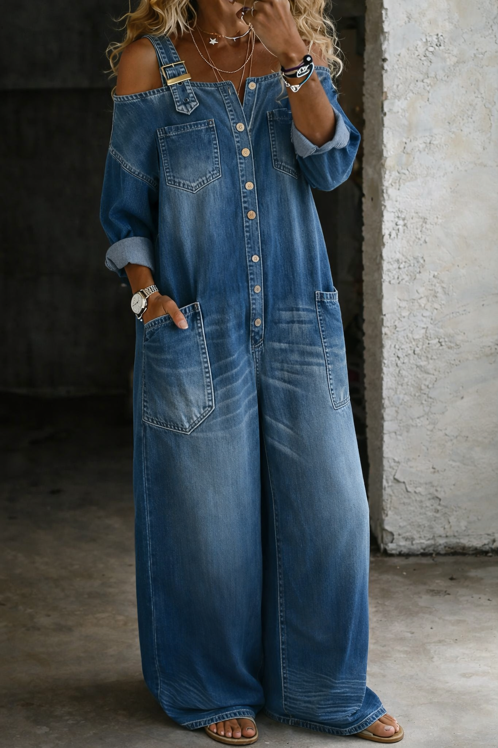 Sophia | Off Shoulder Denim Jumpsuit - Maison Léa &amp; Lou