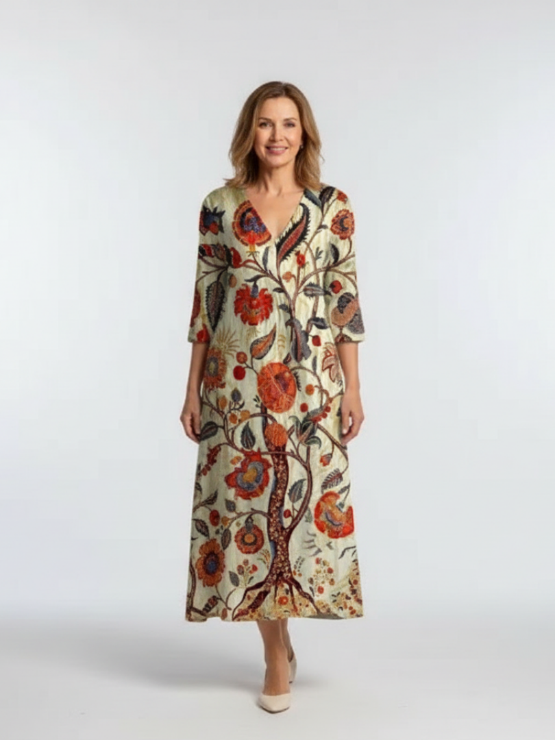 Corisande | V Neck Long Sleeve Floral Midi Dress - Maison Léa & Lou