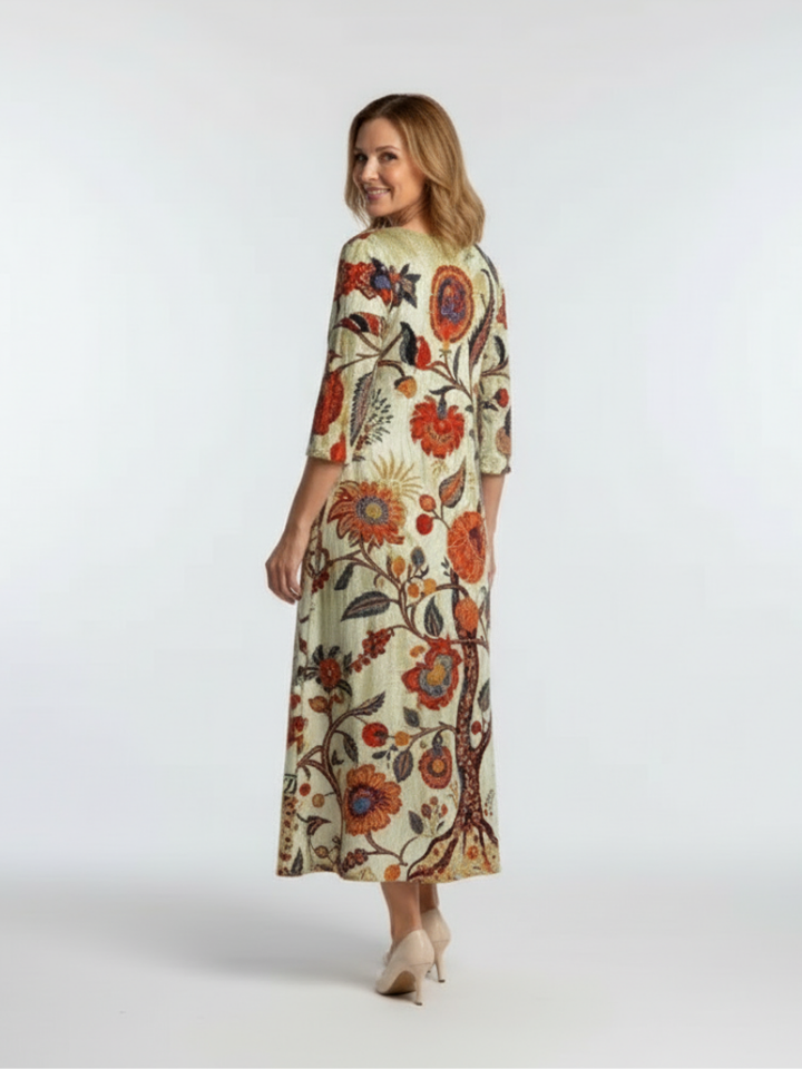 Corisande | V Neck Long Sleeve Floral Midi Dress - Maison Léa &amp; Lou