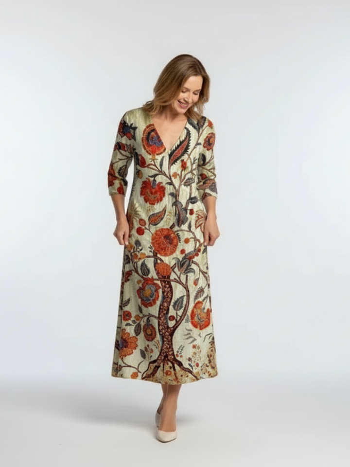 Corisande | V Neck Long Sleeve Floral Midi Dress - Maison Léa &amp; Lou