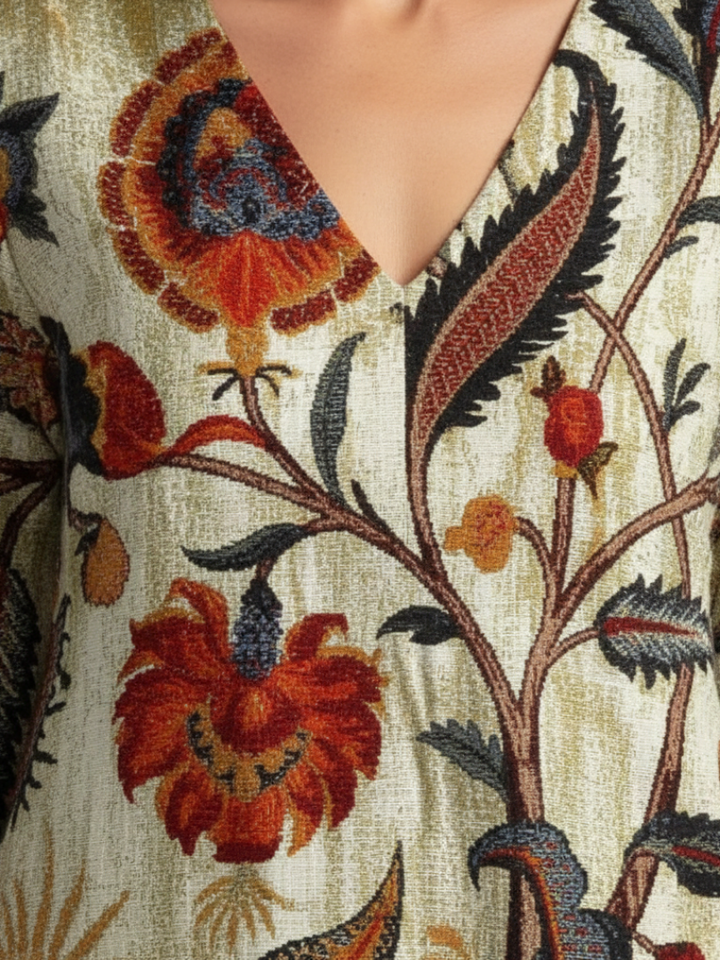 Corisande | V Neck Long Sleeve Floral Midi Dress - Maison Léa &amp; Lou