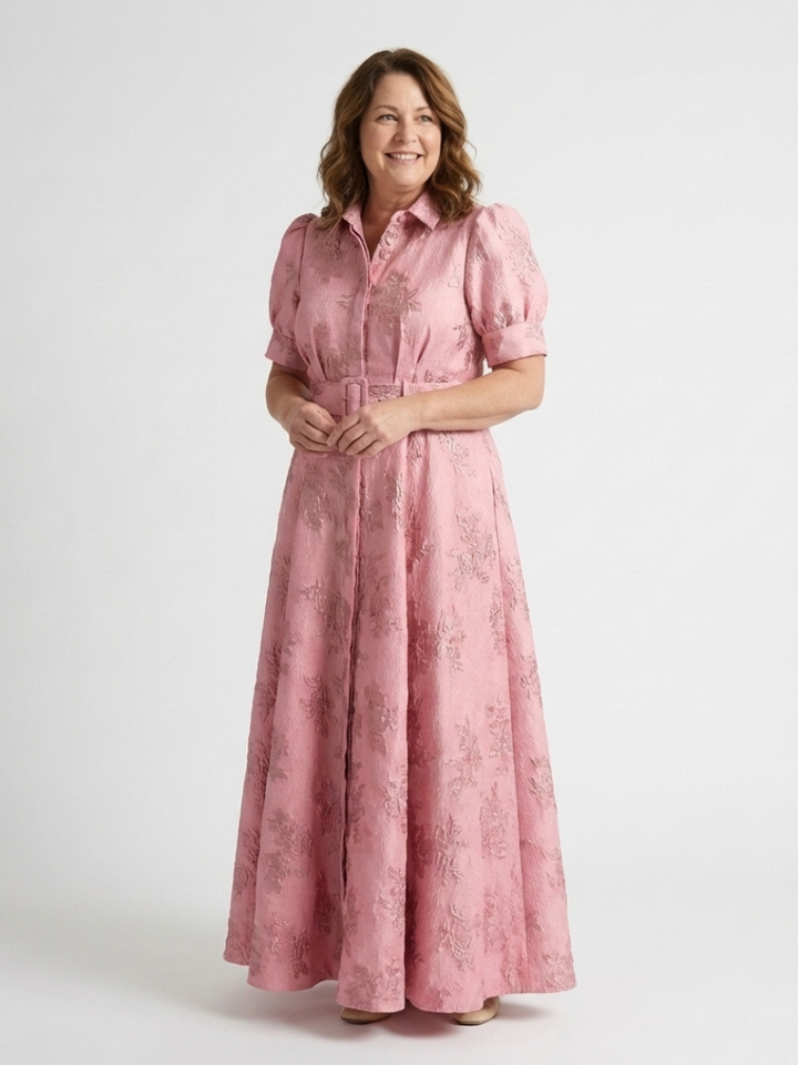 Xanthea | Short Sleeve Belted Floral Textured Maxi Shirt Dress - Maison Léa &amp; Lou