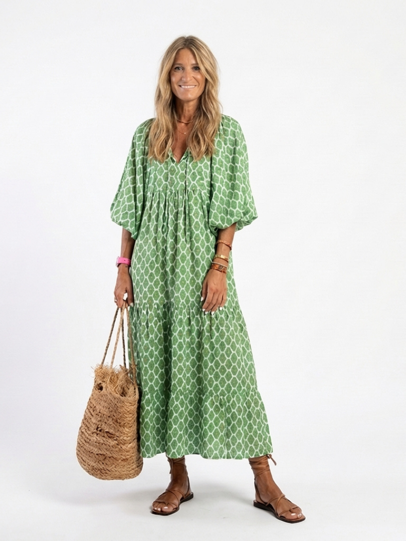 Apolline | Three-Quarter Sleeve V-Neck Patterned Midi Dress - Maison Léa & Lou