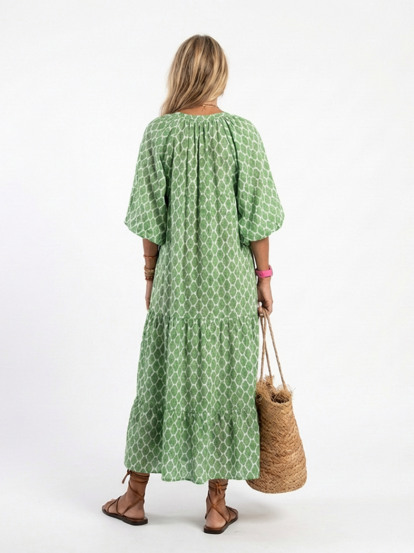 Apolline | Three-Quarter Sleeve V-Neck Patterned Midi Dress - Maison Léa &amp; Lou