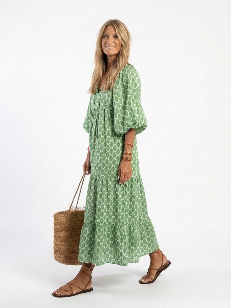 Apolline | Three-Quarter Sleeve V-Neck Patterned Midi Dress - Maison Léa & Lou