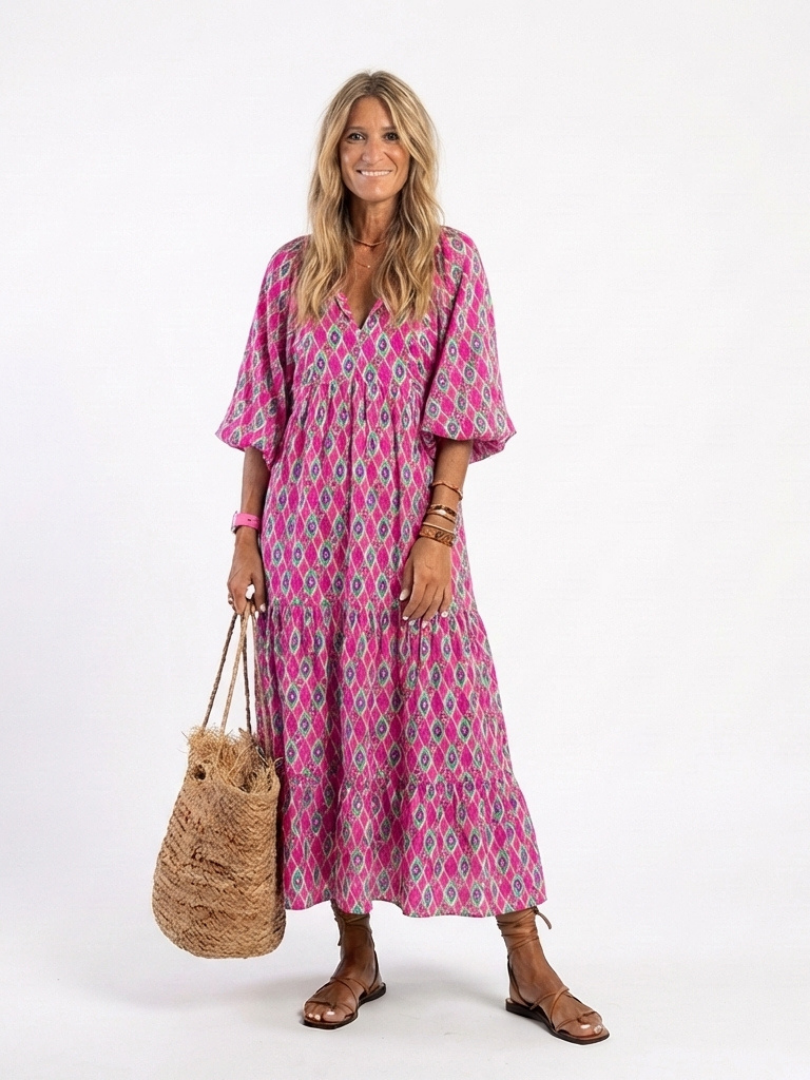 Apolline | Three-Quarter Sleeve V-Neck Patterned Midi Dress - Maison Léa &amp; Lou