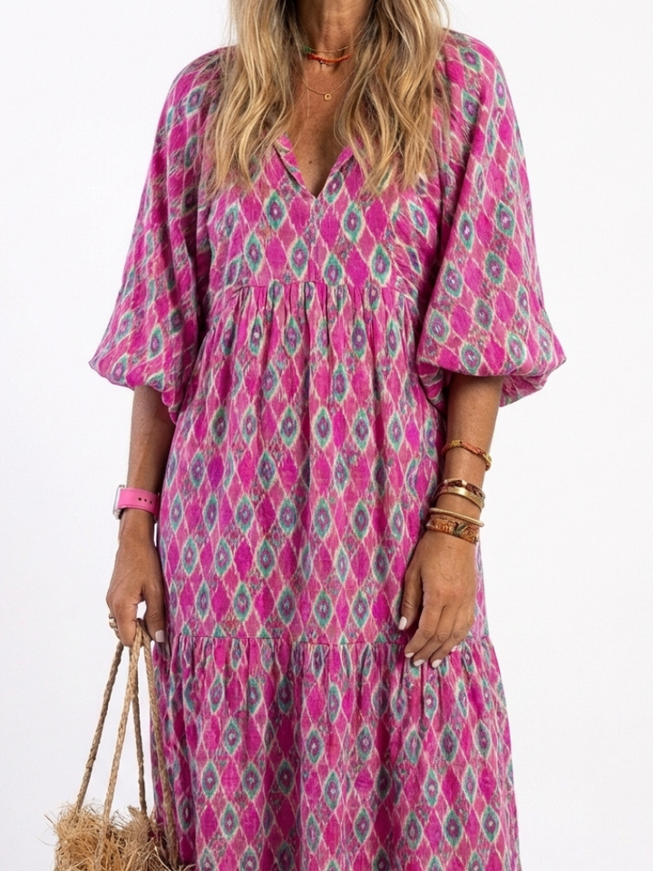 Apolline | Three-Quarter Sleeve V-Neck Patterned Midi Dress - Maison Léa &amp; Lou