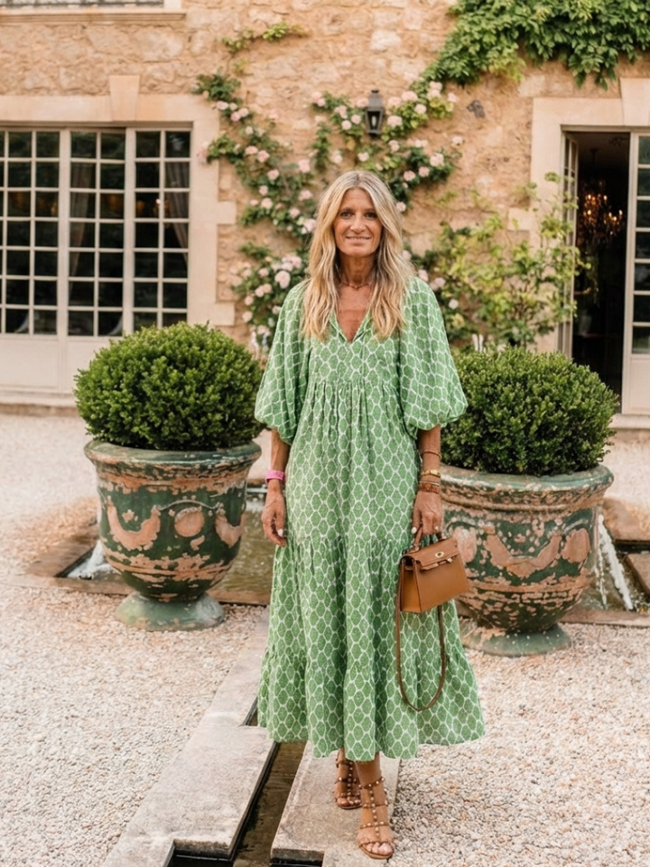 Apolline | Three-Quarter Sleeve V-Neck Patterned Midi Dress - Maison Léa &amp; Lou
