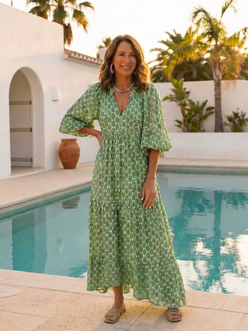 Apolline | Three-Quarter Sleeve V-Neck Patterned Midi Dress - Maison Léa &amp; Lou