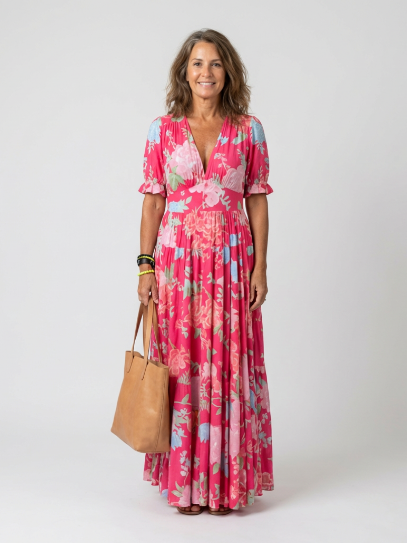 Ione | Short Sleeve V Neck Floral Midi Dress - Maison Léa & Lou