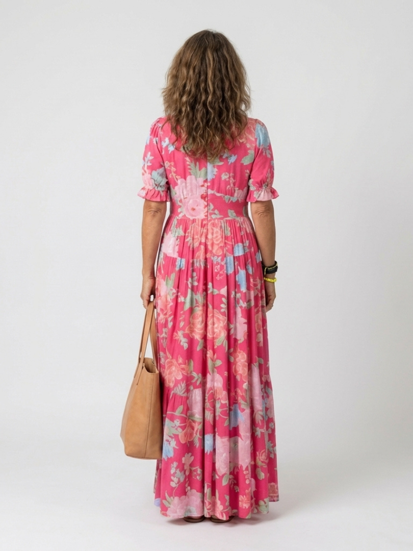Ione | Short Sleeve V Neck Floral Midi Dress - Maison Léa &amp; Lou