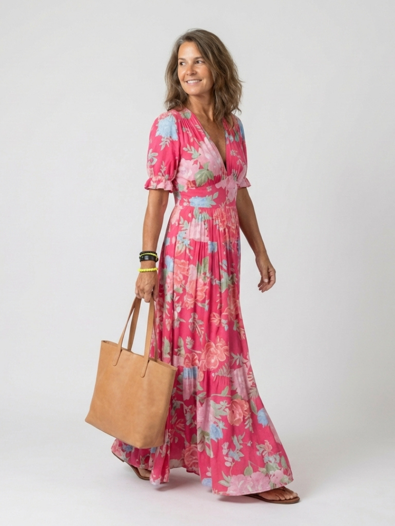 Ione | Short Sleeve V Neck Floral Midi Dress - Maison Léa & Lou